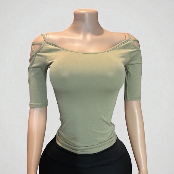 Solid Off Shoulder Top With Strappy Cut Sleeve - Picture 6 of 7